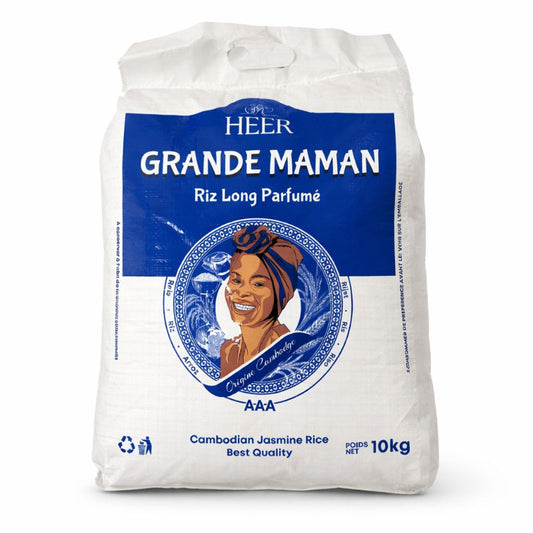 Bag of Heer Grande Maman rice with a blue label and white background