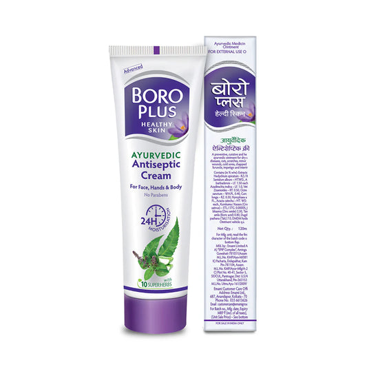 Boro Plus Ayurvedic Antiseptic Cream tube with packaging on a white background