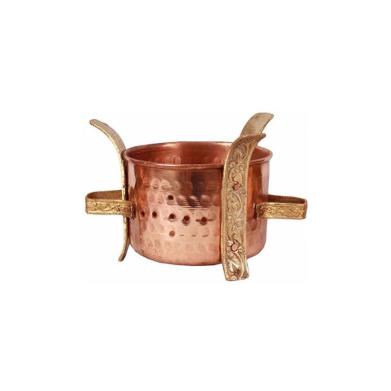 Copper container with decorative handles on a white background