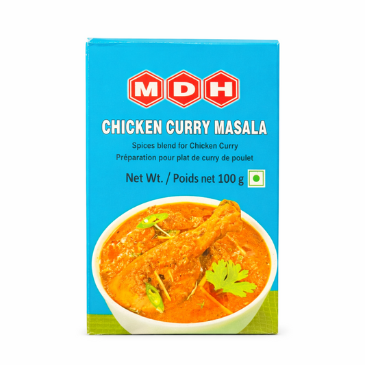 MDH Chicken Curry Masala packaging with a bowl of curry on a blue background