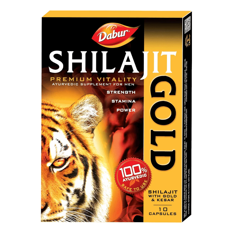 Dabur Shilajit Gold supplement packaging with tiger image on a white background