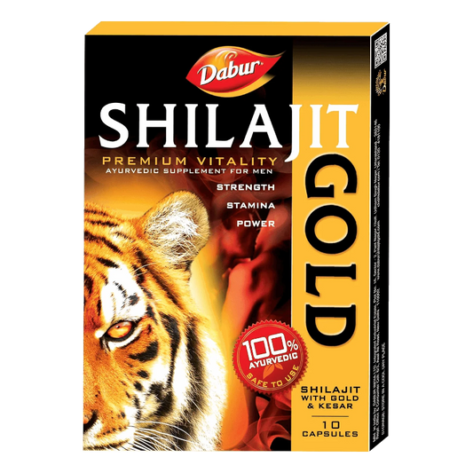 Dabur Shilajit Gold supplement packaging with tiger image on a white background
