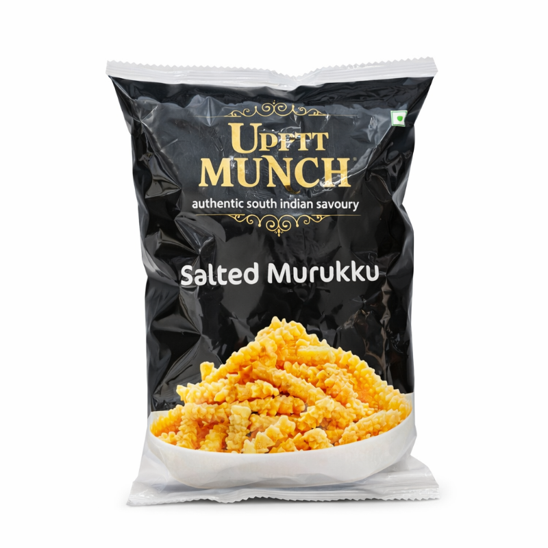Packaged salted murukku with 'Uppitt Munch' branding on a white background