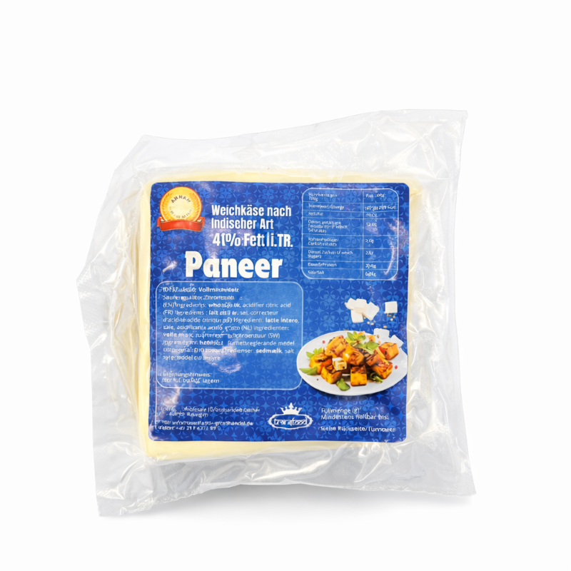 Packaged paneer cheese with blue label on a white background