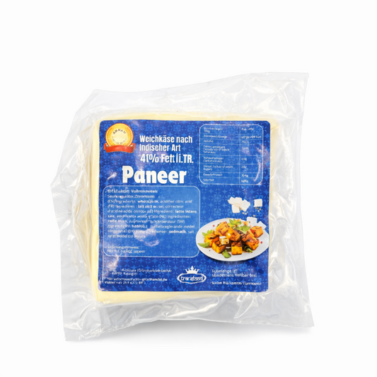 Packaged paneer cheese with blue label on a white background