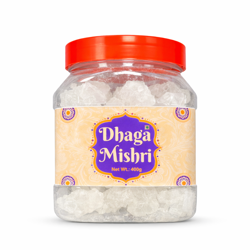 Jar of Dhaga Mishri with a red lid on a white background
