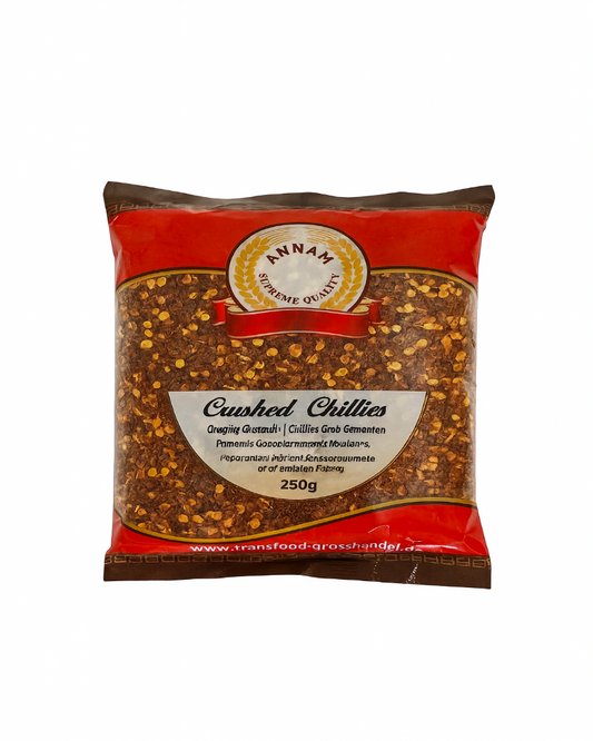 Packaged crushed chilies with a red label on a white background