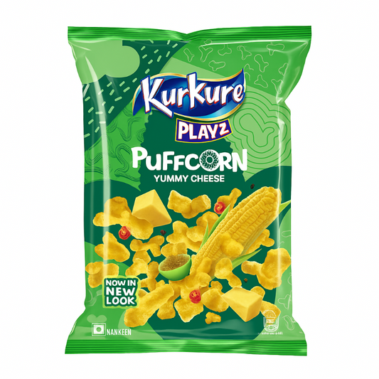 Kurkure Playz Puffcorn Yummy Cheese snack packet on a white background