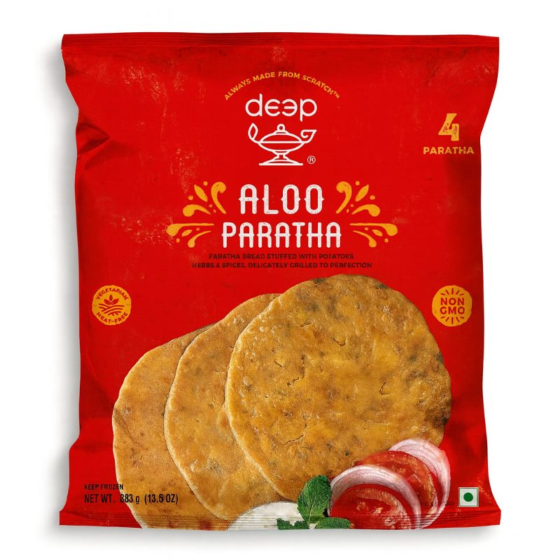 Red package of Deep Aloo Paratha with images of parathas on a white background