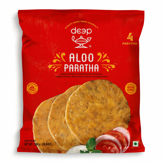 Red package of Deep Aloo Paratha with images of parathas on a white background