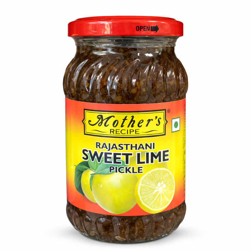 Jar of 'Mother's Recipe' Rajasthani Sweet Lime Pickle with a red lid on a white background