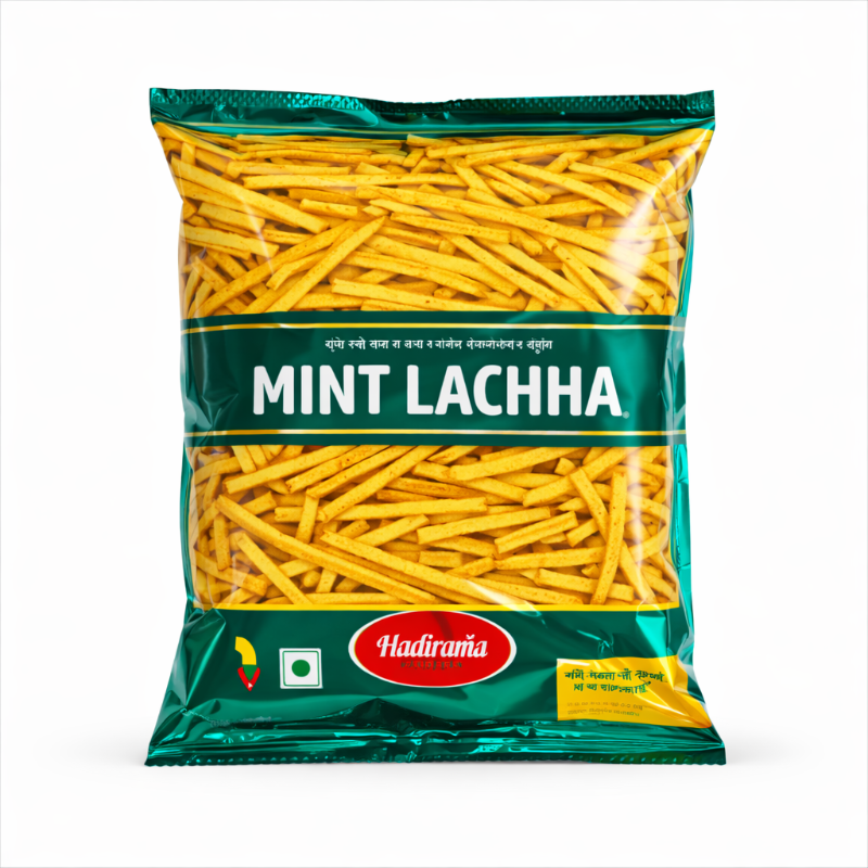 Packaged food item with 'Mint Lachha' and 'Hadiram' branding on a white background