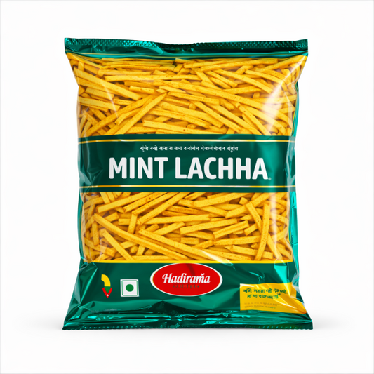 Packaged food item with 'Mint Lachha' and 'Hadiram' branding on a white background
