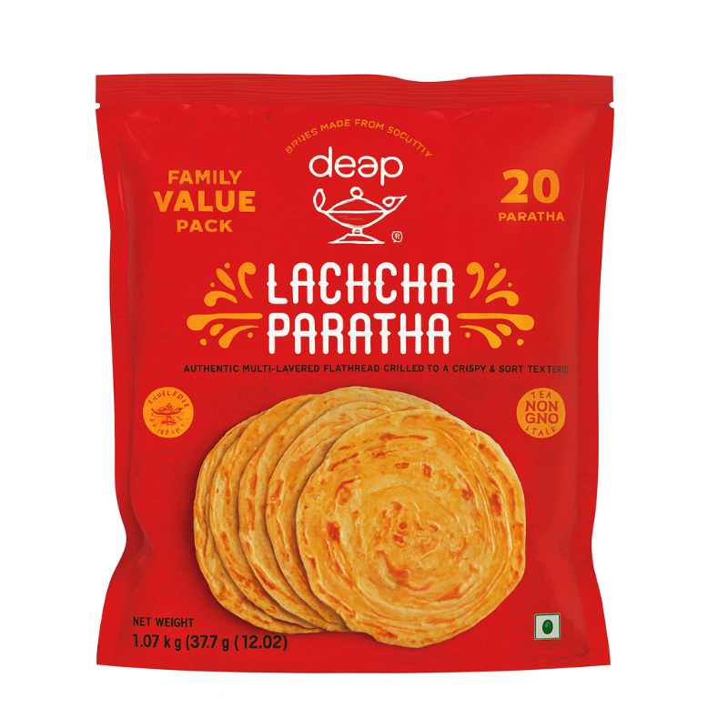 Deep Lachcha Paratha red product package against a white background