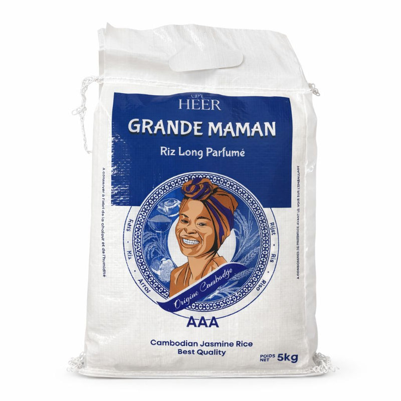 Bag of Heer Grande Maman rice with a blue label featuring a woman's portrait on a white background