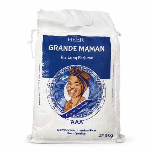 Bag of Heer Grande Maman rice with a blue label featuring a woman's portrait on a white background