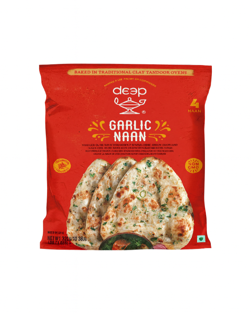 Red package of deep Garlic Naan on a white background