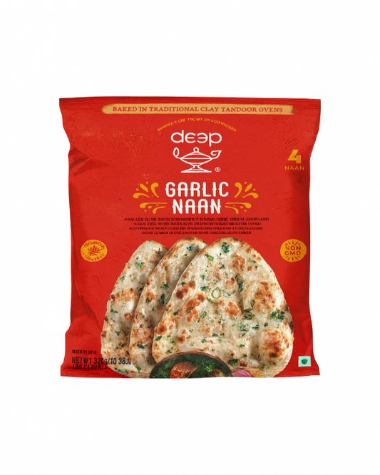 Red package of deep Garlic Naan on a white background
