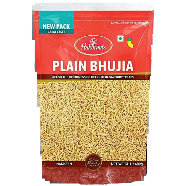 Packaged food item with 'Plain Bhujia' on a red and yellow label