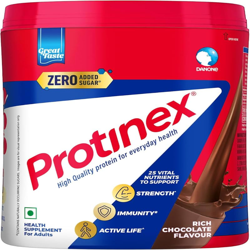 Protein powder container with red lid and chocolate flavor indication