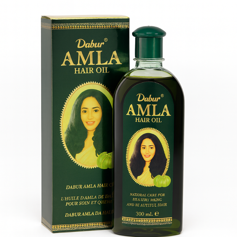 Dabur Amla hair oil bottle and packaging on a white background