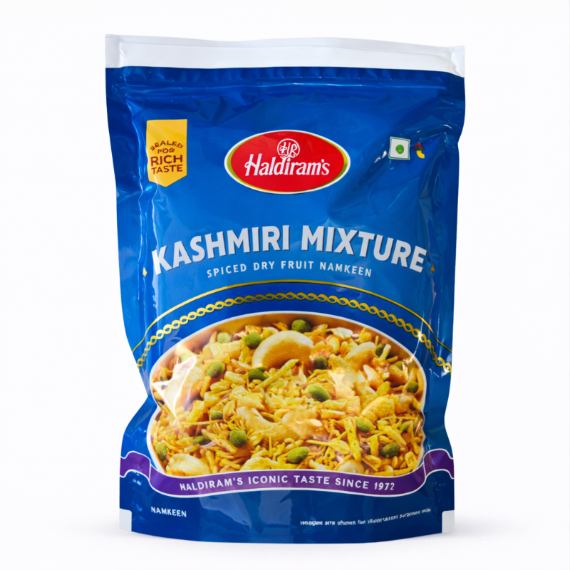 Blue package of Haldiram's Kashmiri Mixture on a white background