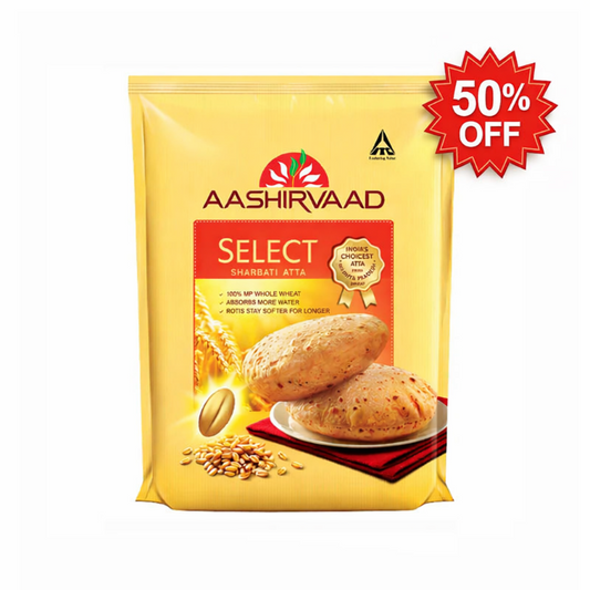 Aashirvaad Select Atta package with a 50% off label on a white background