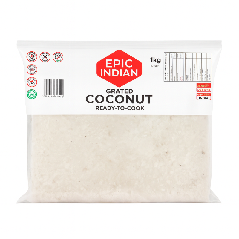 Epic indian grated coconut product pack against white background