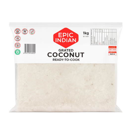 Epic indian grated coconut product pack against white background