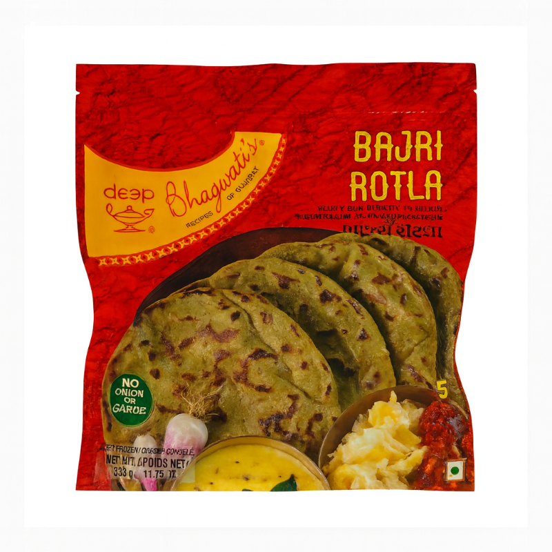 Packaged Bajri Rotla with deep brand logo on a red background
