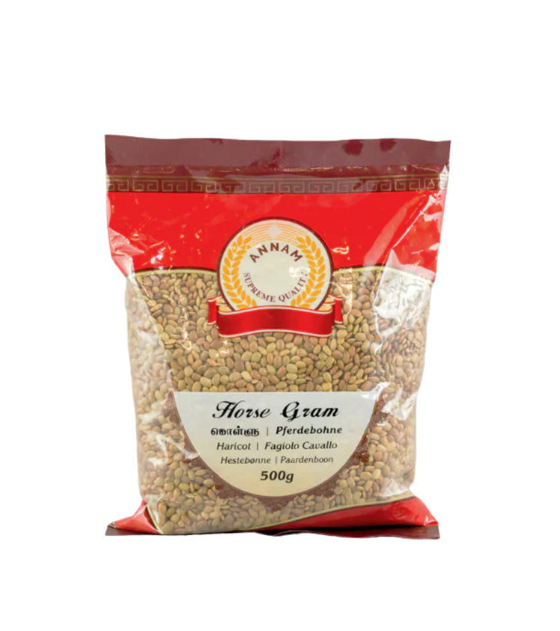 Bag of Annam horse Gram with red and white design on a white background