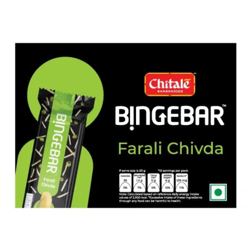 Chitale BingeBar Farali Chivda packaging with green and black design on a white background