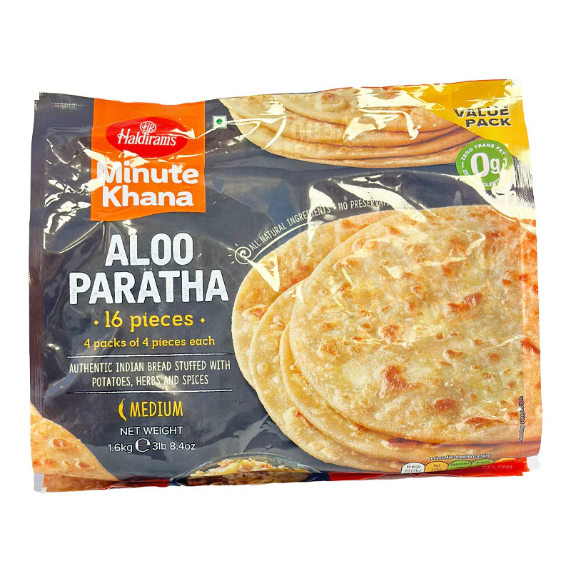 Packaged Aloo Paratha with Haldiram's branding on a white background
