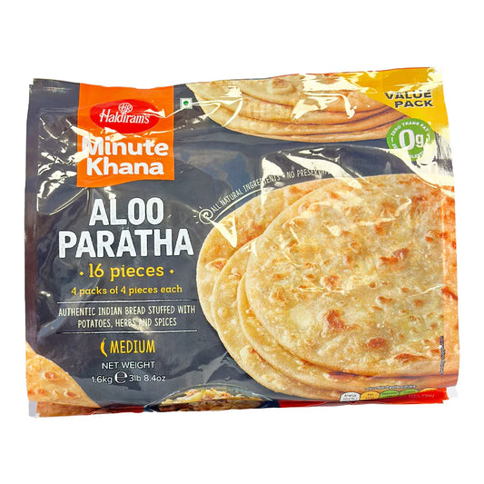 Packaged Aloo Paratha with Haldiram's branding on a white background