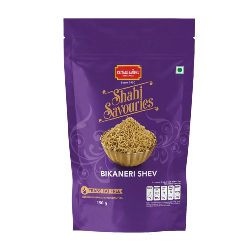 Purple packaging of Shahi Savouries Bikaneri Shev with brand logo and product details.