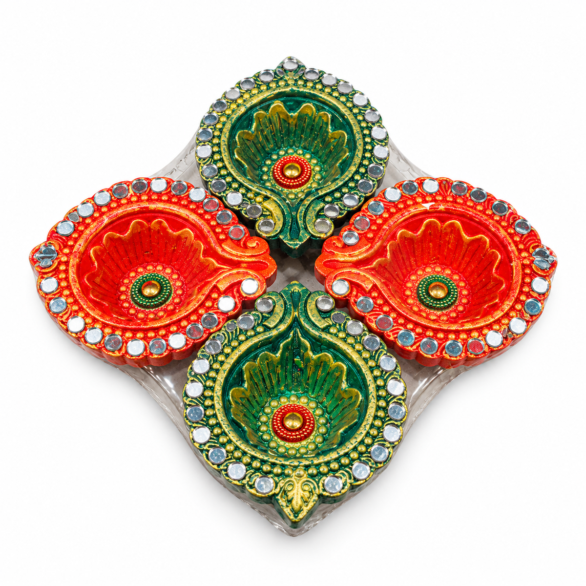 Diwali Diyas – Set of 4 Pieces (Red and Green with Silver Decorations)