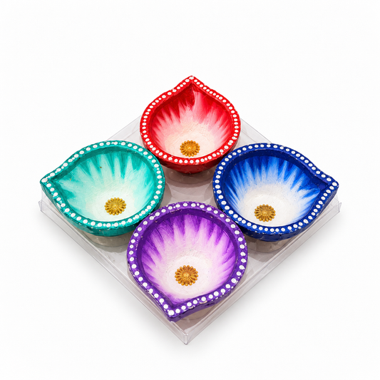 Diwali Diyas – Set of 4 (Red, Green, Blue and Purple with Gold Decorations)