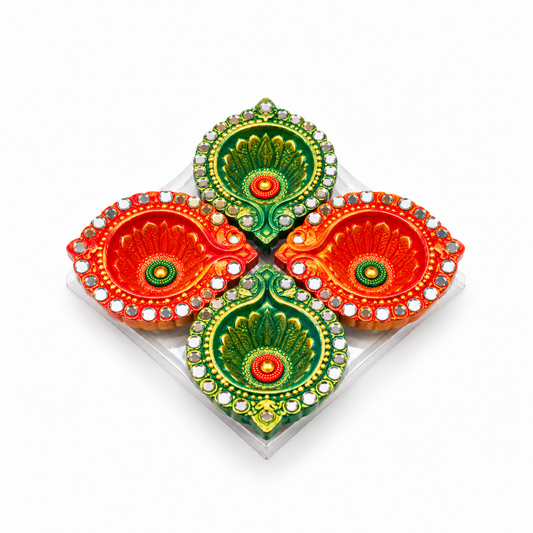 Diwali Diyas – Set of 4 Pieces (Red and Green with Silver Decorations)