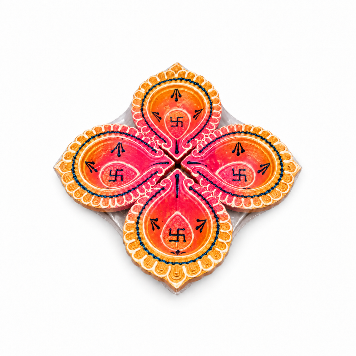Diwali Diyas – Set of 4 Pieces (Pink and Orange with Gold Decorations)