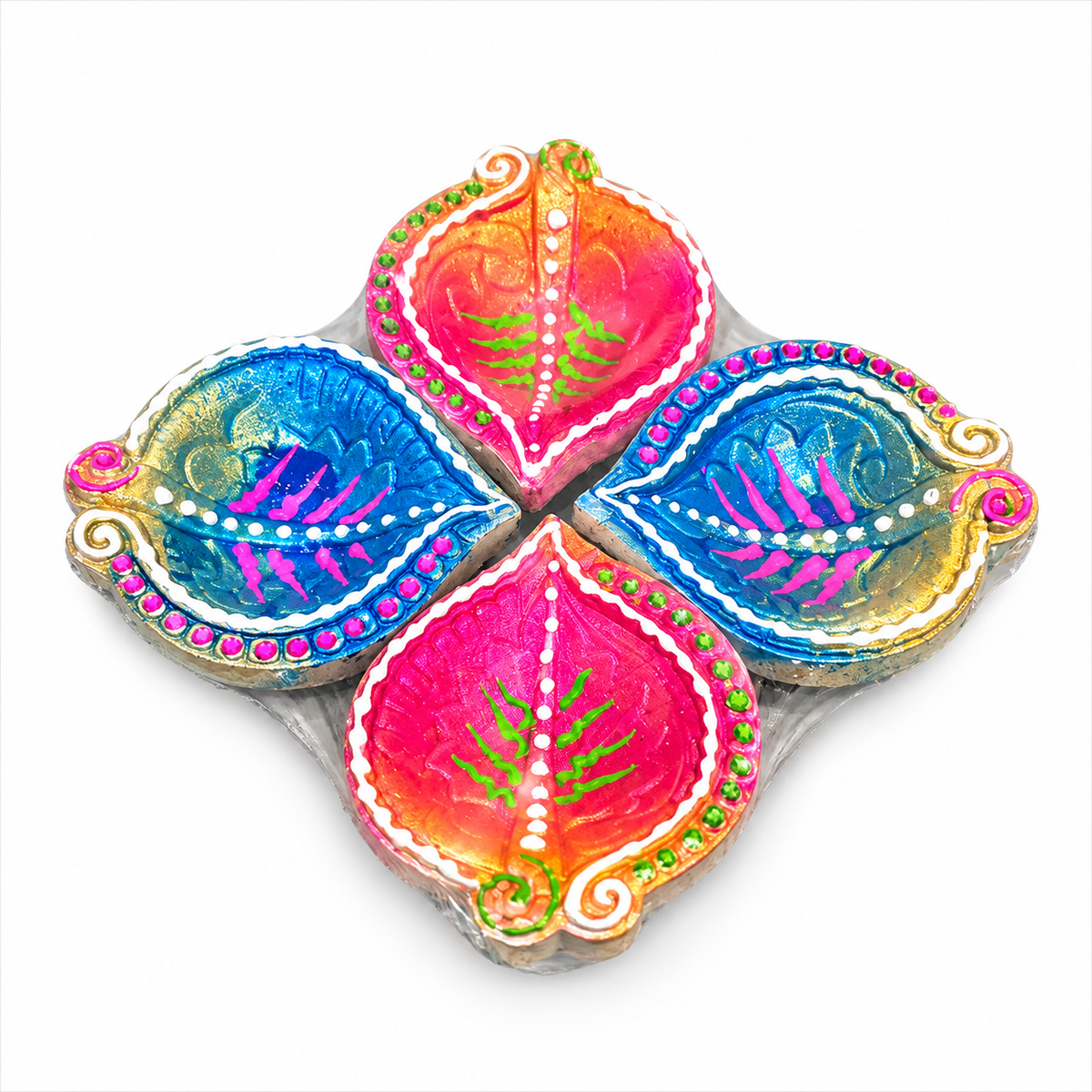 Diwali Diyas – Set of 4 Pieces (Pink and Blue with Colorful Decorations)