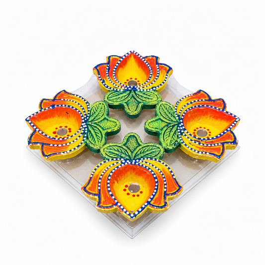 Diwali Diyas – Set of 4 (Orange, Yellow and Green with Blue Decorations – Lotus Motif)