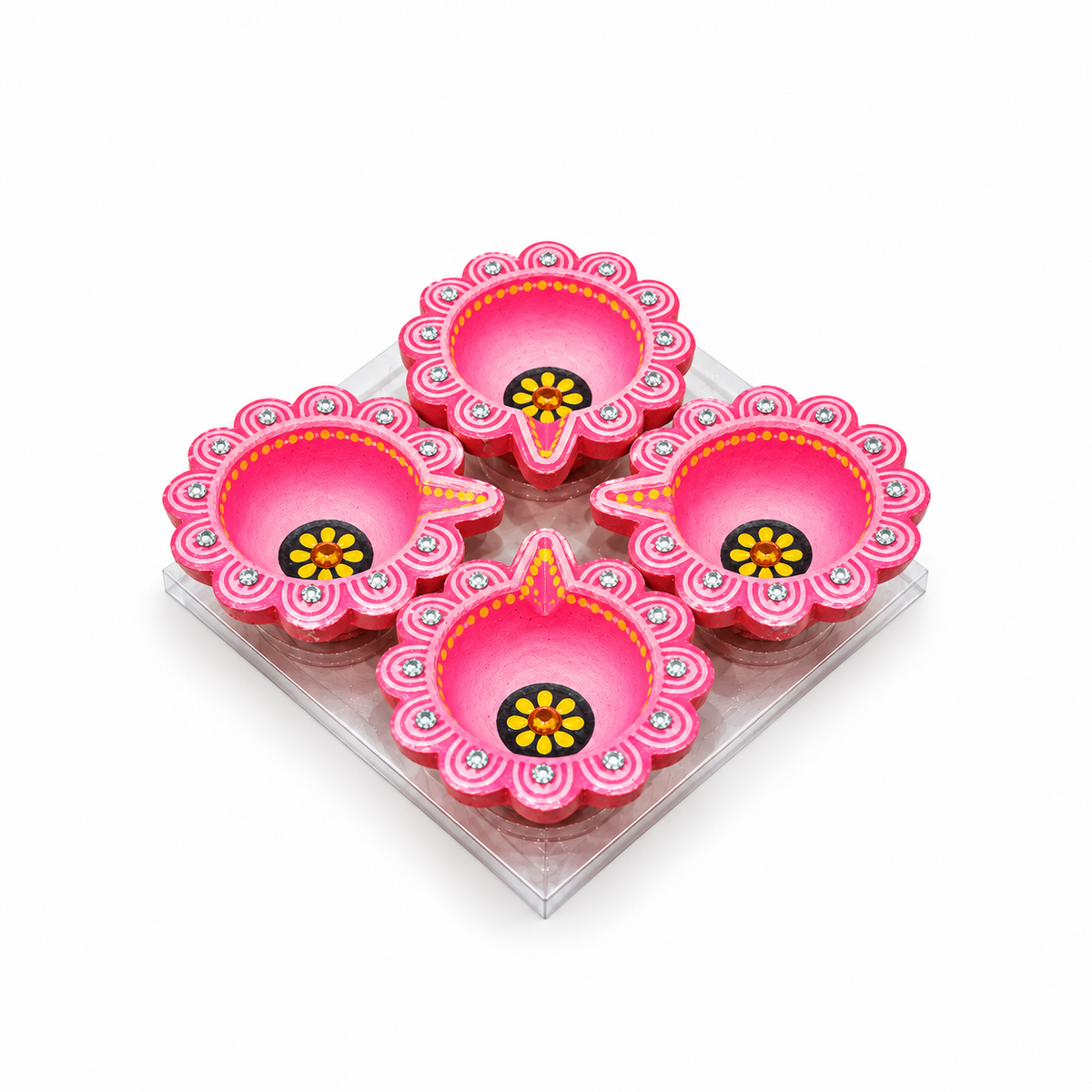 Diwali Diyas – Set of 4 (Pink with Silver and Gold Decorations)
