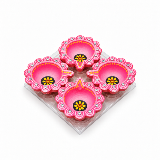 Diwali Diyas – Set of 4 (Pink with Silver and Gold Decorations)