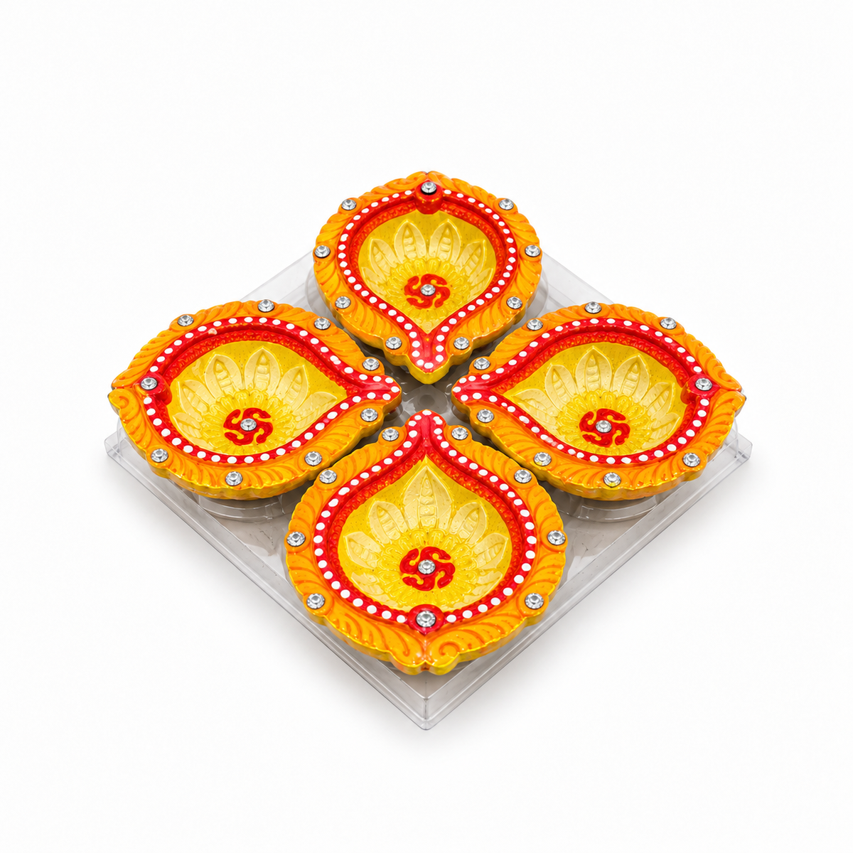 Diwali Diyas – Set of 4 (Orange, Red and Yellow with Silver, White and Gold Decorations)