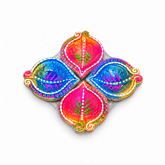 Diwali Diyas – Set of 4 Pieces (Pink and Blue with Colorful Decorations)