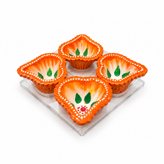 Diwali Diyas – Set of 4 (Orange with Green and White Decorations)