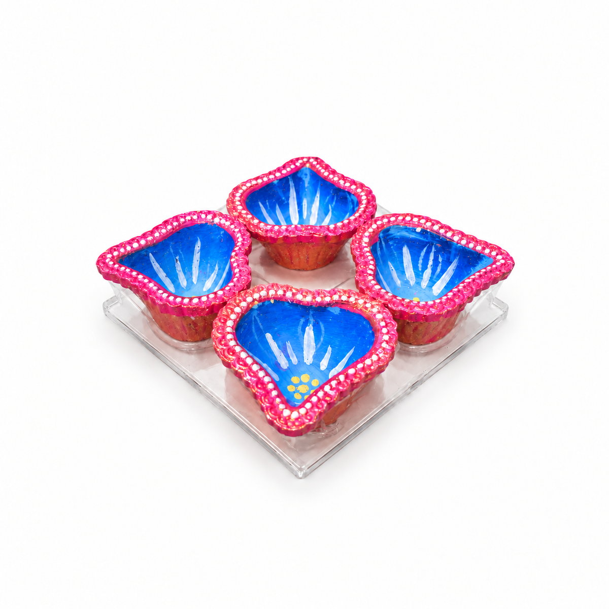 Diwali Diyas – Set of 4 (Blue and Pink with Gold And White Decorations)