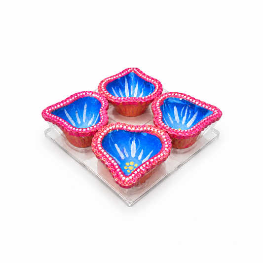 Diwali Diyas – Set of 4 (Blue and Pink with Gold And White Decorations)