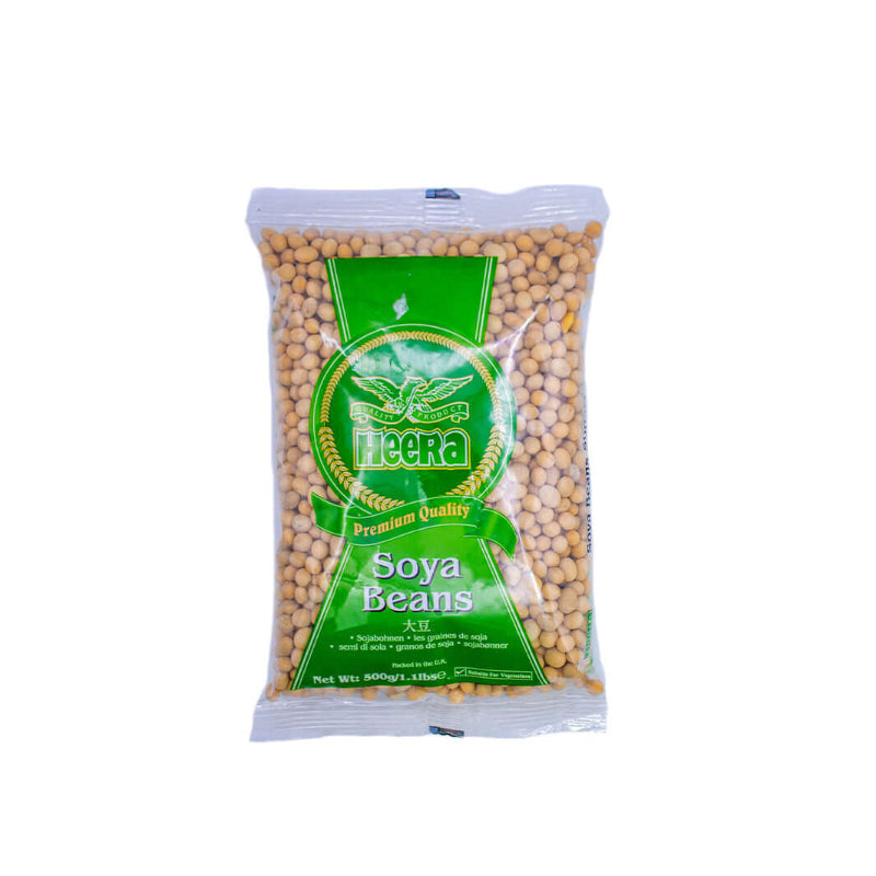Packaged soya beans with a green label on a white background