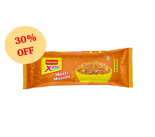 Waiwai Xpress Masti Masala package with a 30% off label on a black background